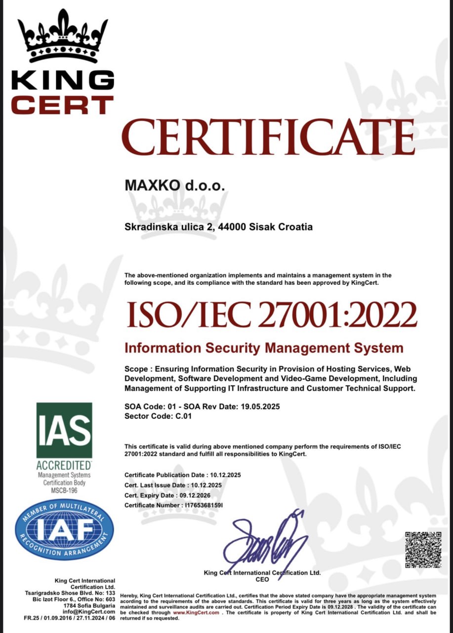 MAXKO Hosting Achieves ISO/IEC 27001:2022 Certification